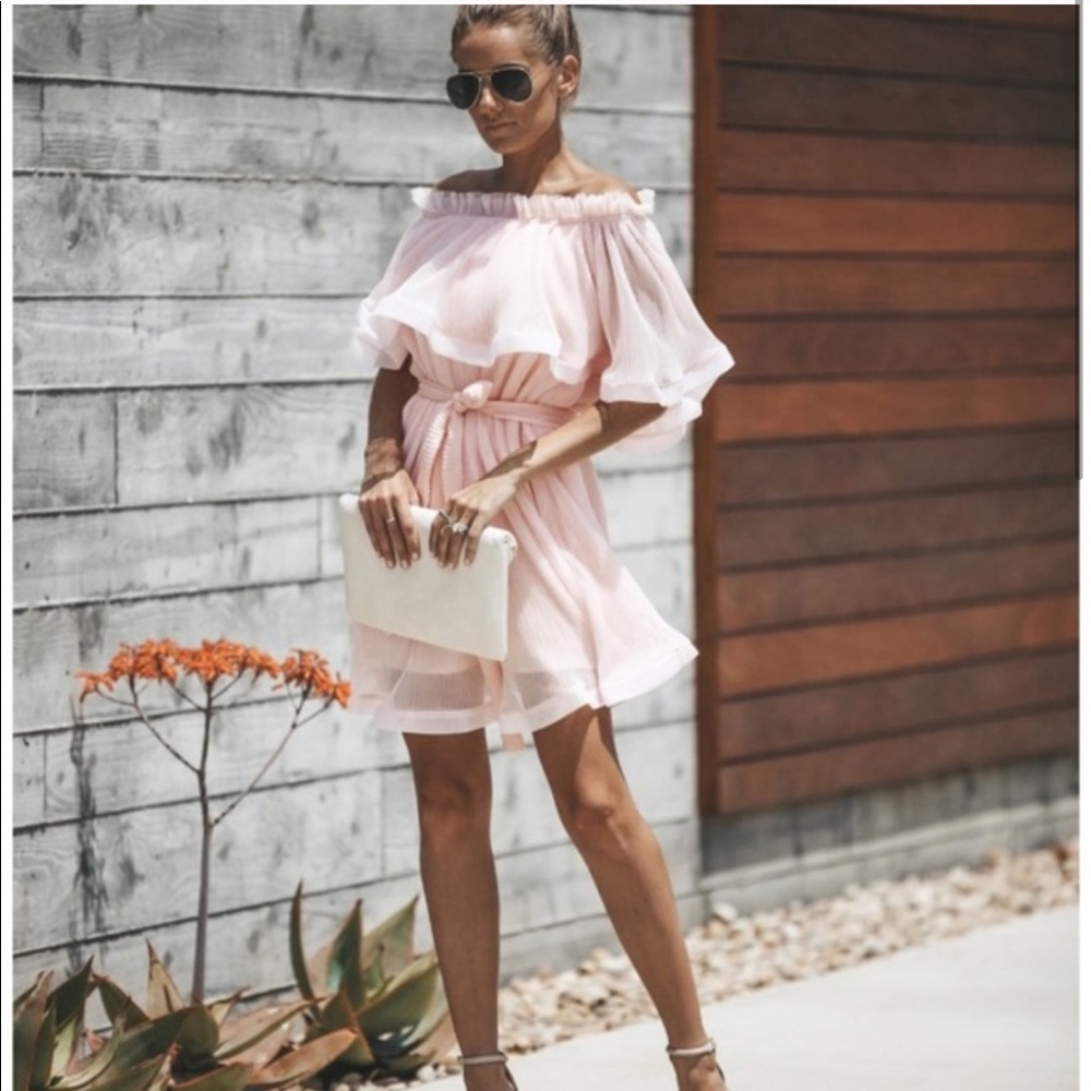 Beulah Pink Pleated Off the Shoulder Mini Dress